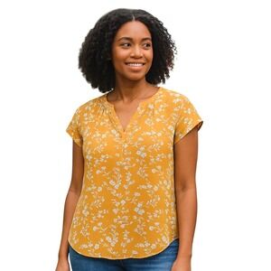 Fun2Fun Blouse Top Women M Floral Print‎ Mustard Yellow Short Sleeve VNeck